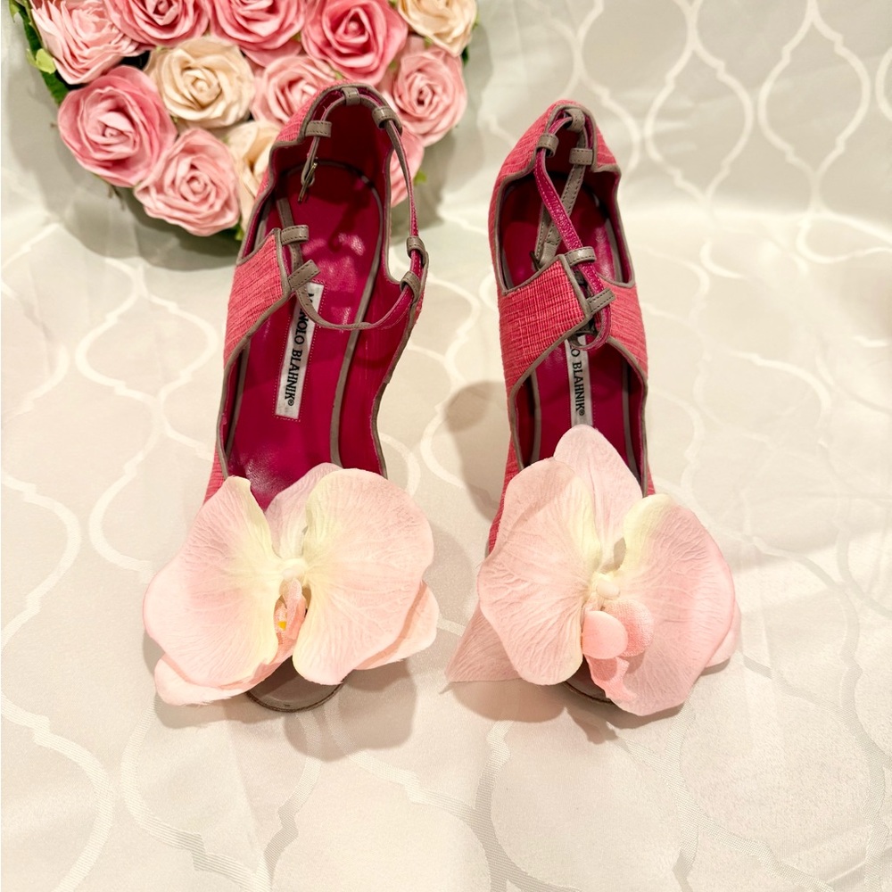 Up-cycled Manolo Blahnik Orchid heels sandals shoes 40 leather slingback straps - Picture 2 of 11